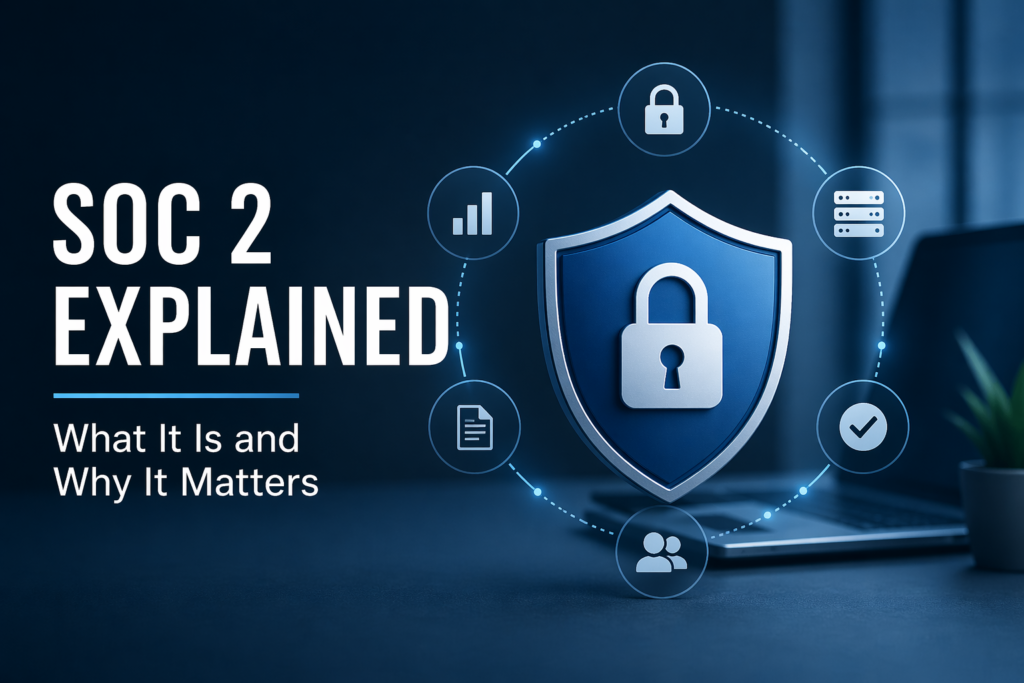 SOC 2 explained illustration with security shield and compliance icons representing data protection and audit controls