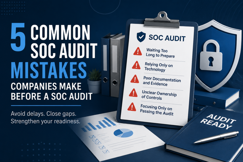 Checklist and security illustration representing common mistakes companies make before a SOC audit