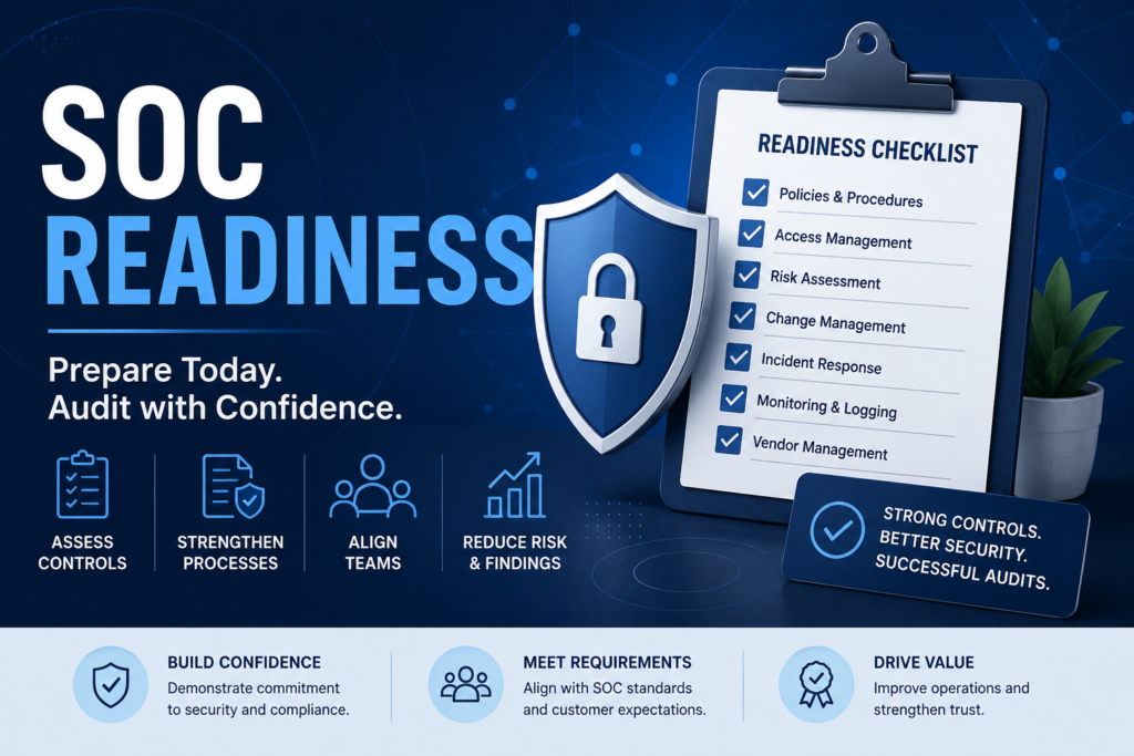 SOC readiness illustration showing compliance planning, security controls, and audit preparation concepts.